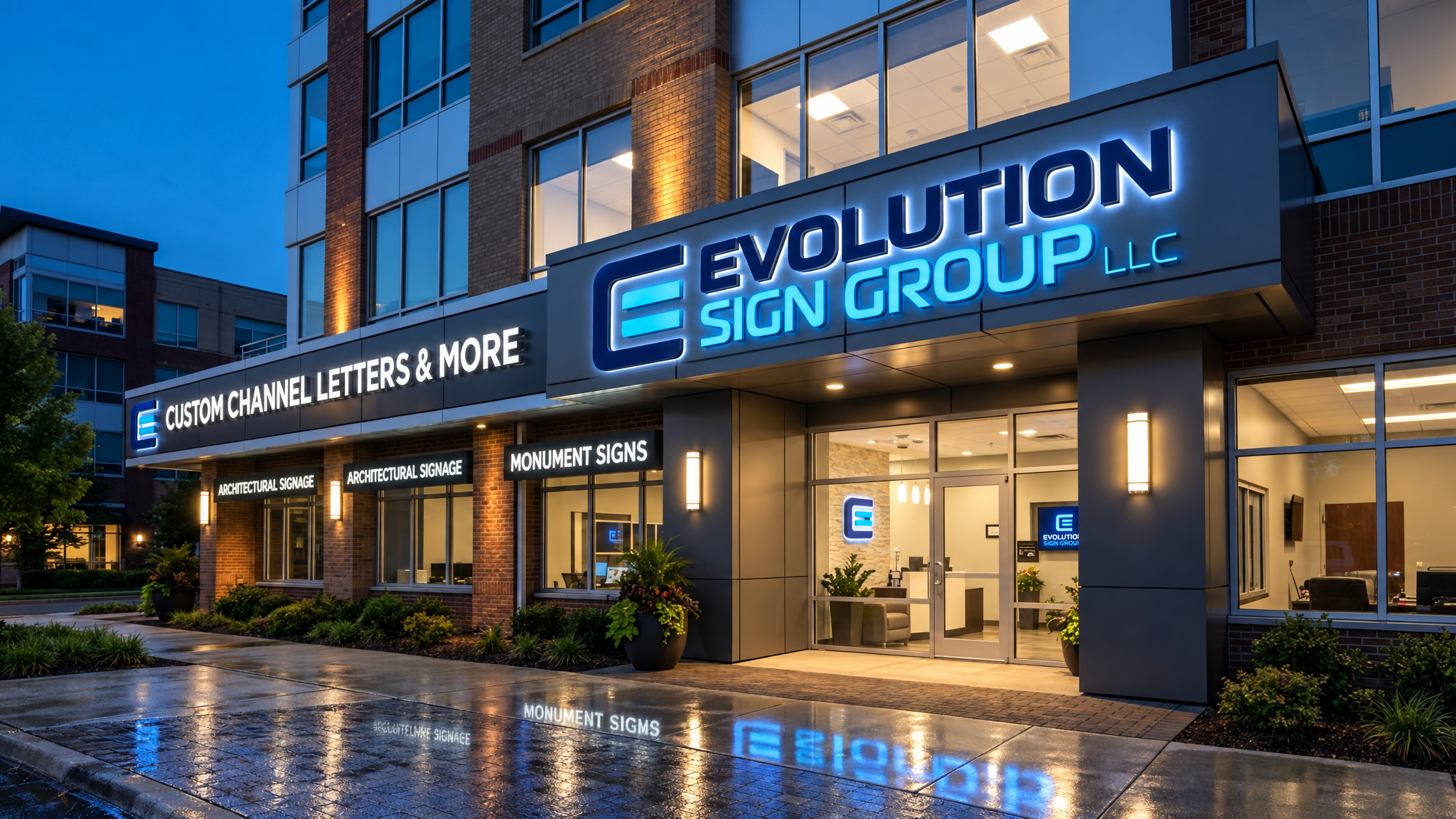 Professional illuminated signage on a modern building